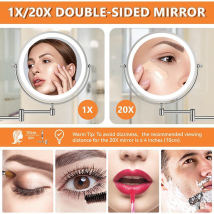 1X/20X Wall Mounted Makeup Mirror with Light, 8" Double-Sided Magnifying Mirror,