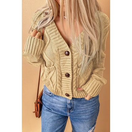 Beige Front Pockets Buttons Textured Cardigan