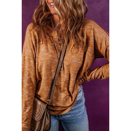 Mustard Rib Knit Drop Shoulder Long Sleeve Henley Top