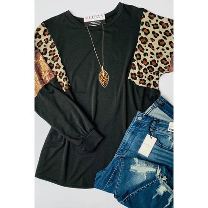 Black Leopard Sequin Patch Plus Size Long Sleeve Top