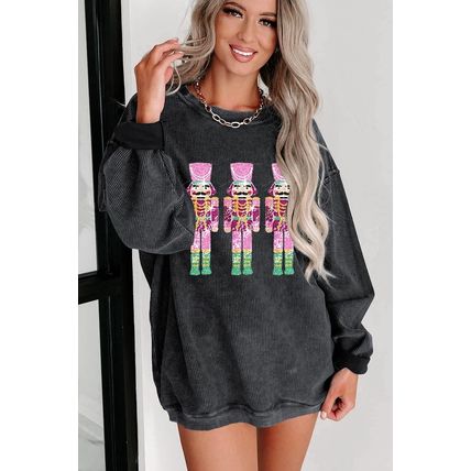 Black Christmas Sequined Nutcrackers Mineral Wash Corded Sweatshirt