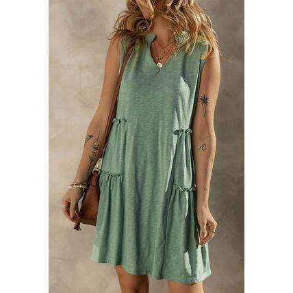 Moonlight Jade Split V Neck Tiered Flowy Sleeveless Dress