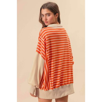 Orange Stripe Color Block Loose Fit Collared Drop Shoulder Sweatshirt