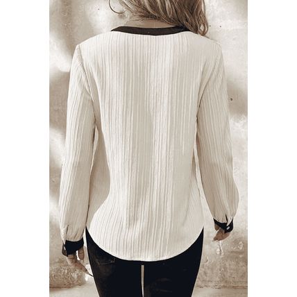 White Textured Colorblock V Neck Elegant Blouse