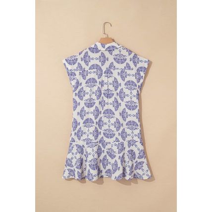 Sky Blue Printed Shirt Collar Half Button A-line Mini Dress