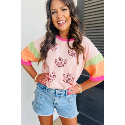 Pink Sequined Horseshoes Pattern Colorblock Half Sleeve Patchwork Tee