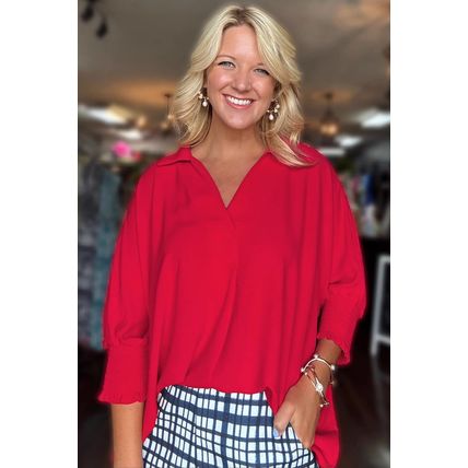 Fiery Red V Neck Collared Shirred 3/4 Sleeve Oversized Tunic Top