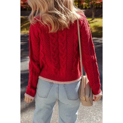 Racing Red Color Contrast Edge Cable Knit Buttoned Cardigan