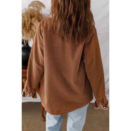 Cinnamon Fleece Lined Buttoned Flap Pockets Corduroy Jacket