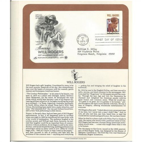 WILL ROGERS 100th Anniversary Birth ' OFFICIAL FIRST DAY of ISSUE ' ( 1979 )
