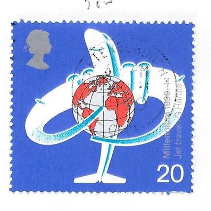 GB 1999 MILLENNIUM JET TRAVEL AIRLINER HUGS WORLD GLOBE 20p USED SON DATED COPY
