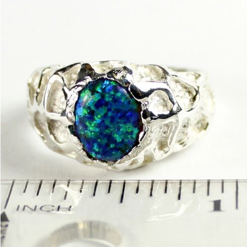 Created Blue/Green Opal, 925 Sterling Silver Men's Ring, SR168,