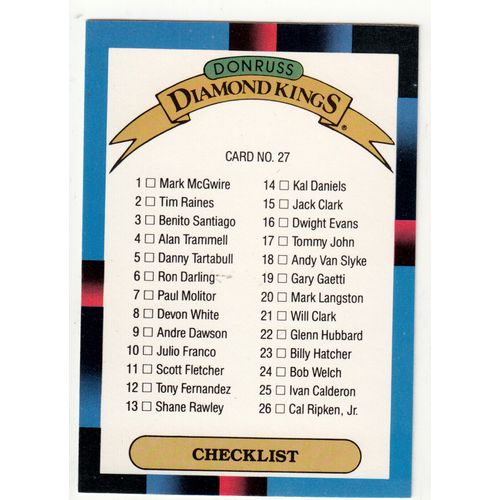 1988 Donruss Baseball Checklist unmarked card #27