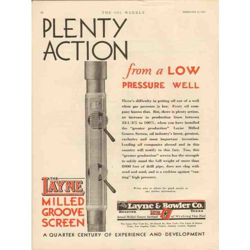 LAYNE BOWLER COMPANY 1931 Plenty Action pressure well vintage ad
