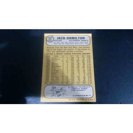 1968 Topps Card # 193 Jack Hamilton Good (2) California Angels