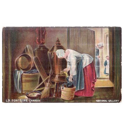 LA FONTAINE. painting by Chardin unused postcard by Misch & Co's