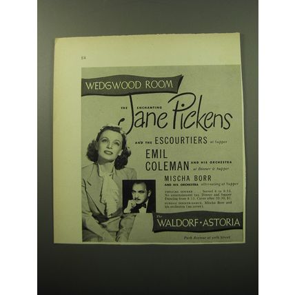 1950 The Waldorf-Astoria Hotel Ad - Jane Pickens - Wedgwood Room