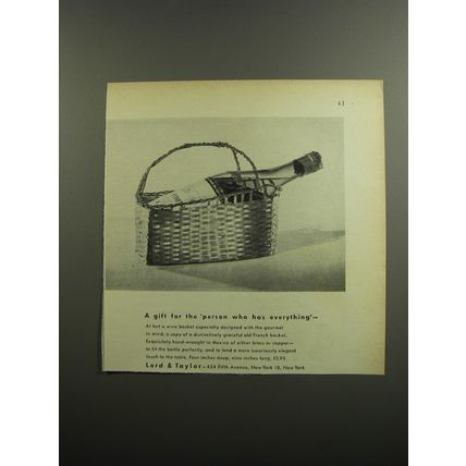 1952 Lord & Taylor Wine Basket Ad - A gift for the person who has everything