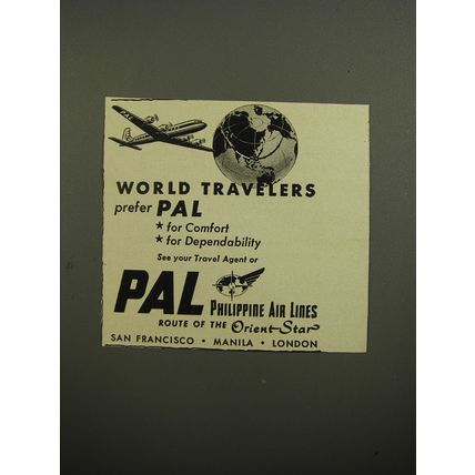 1952 PAL Philippine Air Lines Ad - World travelers prefer PAL