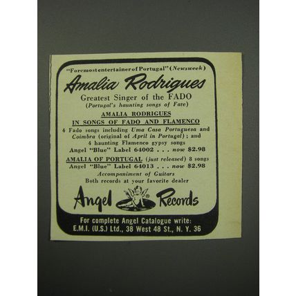 1955 Angel Records Ad - entertainer of Portugal (Newsweek) Amalia Rodriques