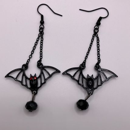 Halloween Earrings Gothic Black Bat Chain Earrings with Red Rhinestone Eyes #679