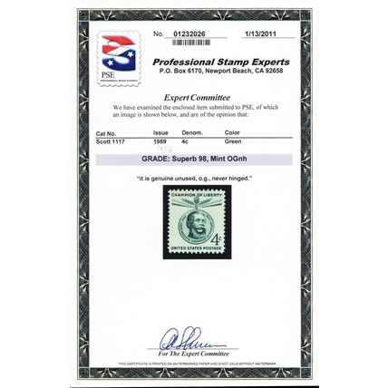 1117, Mint Superb NH 4¢ - PSE Graded 98 Certificate - Stuart Katz