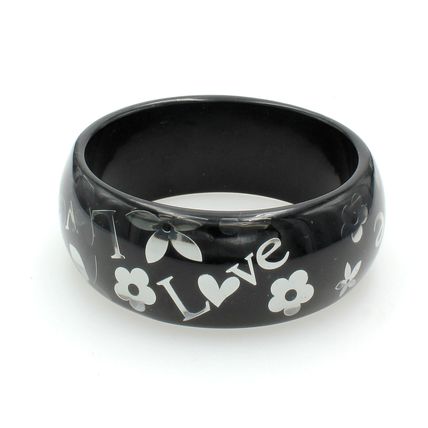 Acrylic Bangle w/ Loves & Flowers Bracelets - Black Color - BR-OB00182BLK
