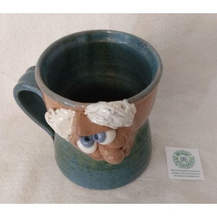 HANDCRAFTED BLUE GLAZED FACE MUG BUSHY WHITE EYEBROWS BLUE EYES POT LUCK BERMUDA