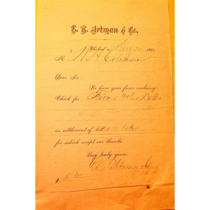 1886 E. R. Artman & Co., Phladelphia, PA receipt