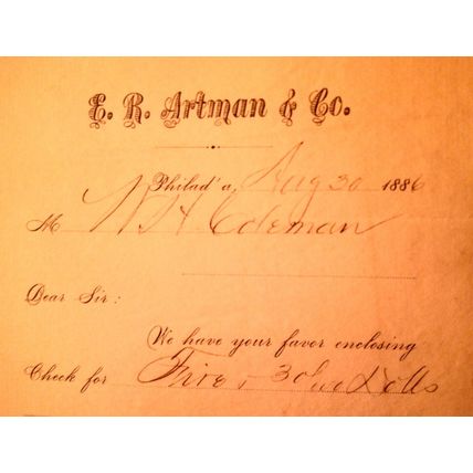 1886 E. R. Artman & Co., Phladelphia, PA receipt