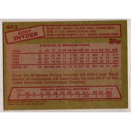 1985 Topps Baseball card 403 Cory Snyder USA Team RC
