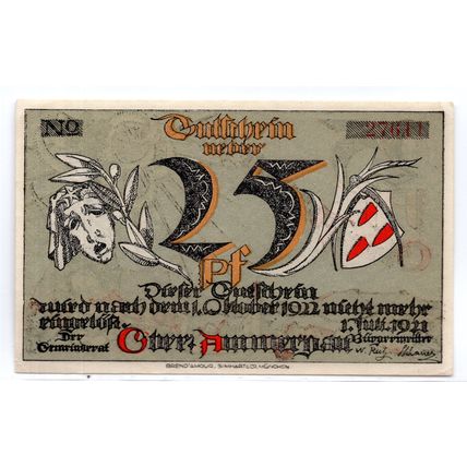 1921 Germany Oberammergau Notgeld 25 Pfennig Note (1059)