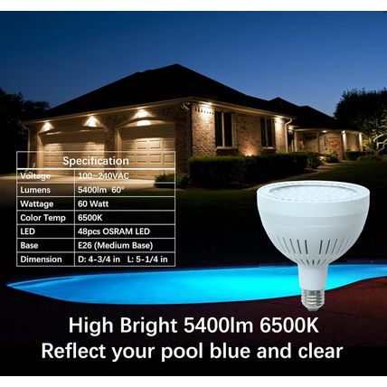 LED Pool Light Bulb 120V 60W 6000Lm High Bright White 6500K Pool Bulb Replacemen