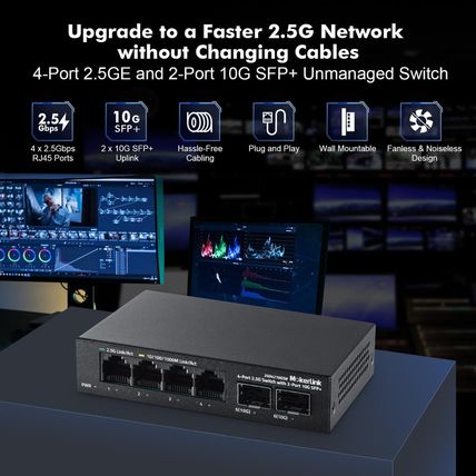 Mokerlink 4 Port 2.5G Ethernet Switch with 2X10G SFP+ Slot, 4X2.5G Base-T Ports