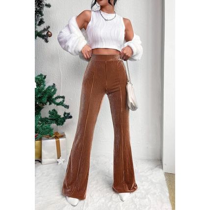 Chestnut Solid Color High Waist Flare Corduroy Pants