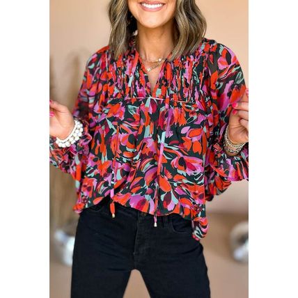 Red Dahlia Abstract Floral Shirred Detail Puff Sleeve Blouse