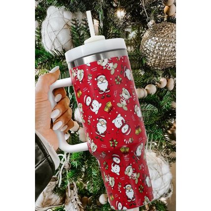 Fiery Red Christmas Pattern Print Handled Stainless Steel Tumblers