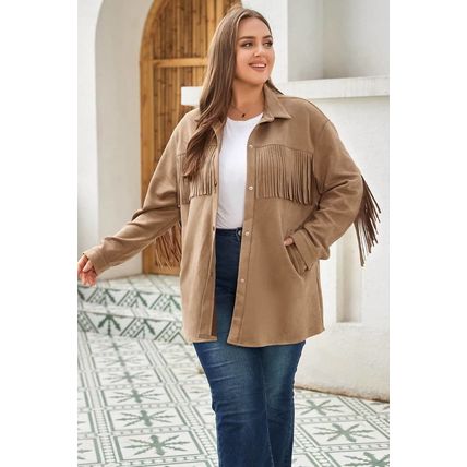 Khaki Fringe Trim Plus Size Suede Shacket