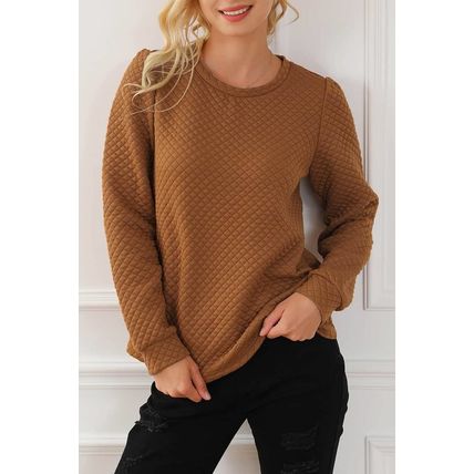Brown Solid Color Quilted Puff Sleeve Pullover Sweatshirt