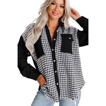 Black Houndstooth Corduroy Patchwork Flap Pocket Shacket