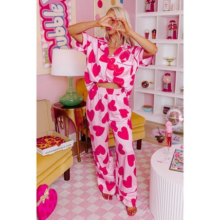 Pink Classic Heart Valentines Short Sleeve Pants Pajamas Set