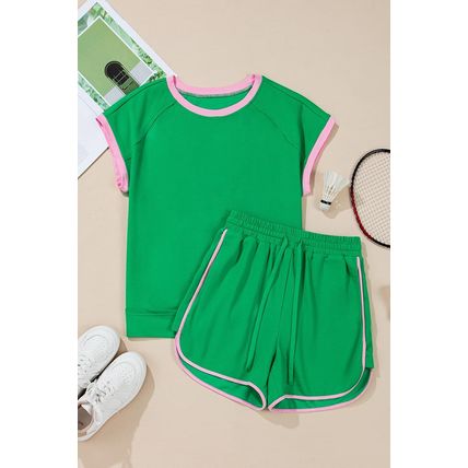 Bright Green Two Tone Contrast Textured Crewneck Tee and Shorts Set