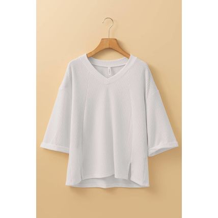 White Solid Color Corded Drop Shoulder 3/4 Sleeve V Neck Top