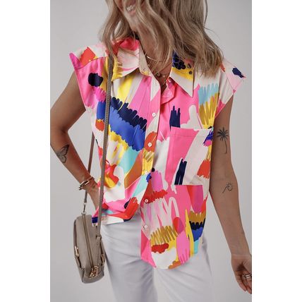 Multicolour Abstract Print Collared Cap Sleeve Casual Shirt