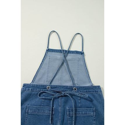 Dusk Blue Adjustable Tie Straps Cropped Wide Leg Denim Overalls