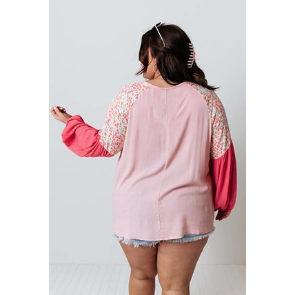 Pink Contrast Floral Patchwork Long Sleeve Plus Size Blouse