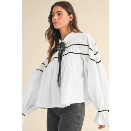 White Black Pipping Ribbon Bowtie Collared Ruffled Puff Sleeve Shirt