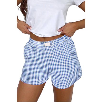 blue Red Plaid Gingham Printed High Waist Shorts