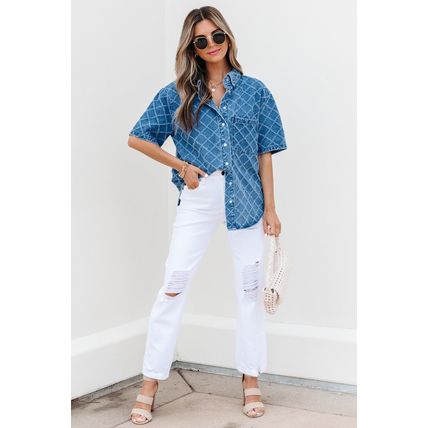 Dusk Blue Checkered Textured Short Sleeve Patched Pocket Denim Shirt