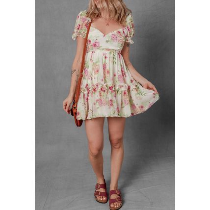 White Vibrant Floral Bubble Sleeve Sweetheart Neck Ruffle Mini Dress